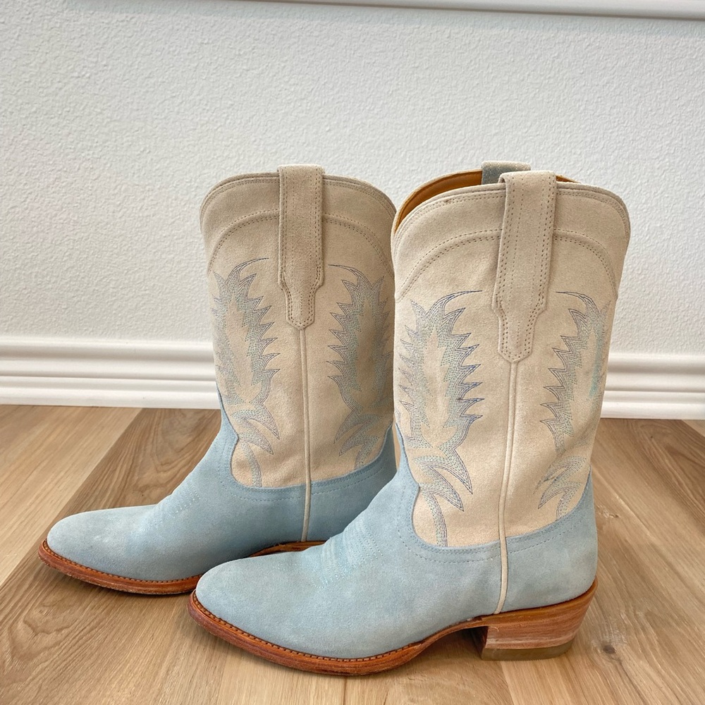 Tecovas Josie Suede Blue and Cream Western Cowboy Boots (discontinued)